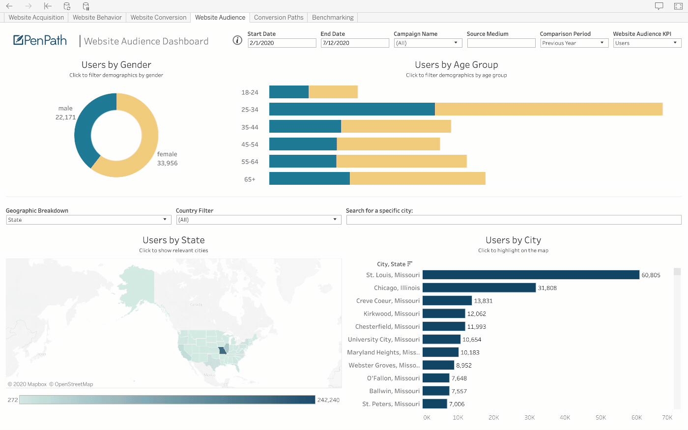 PenPath example of the Mixpanel data source in a BI dashboard